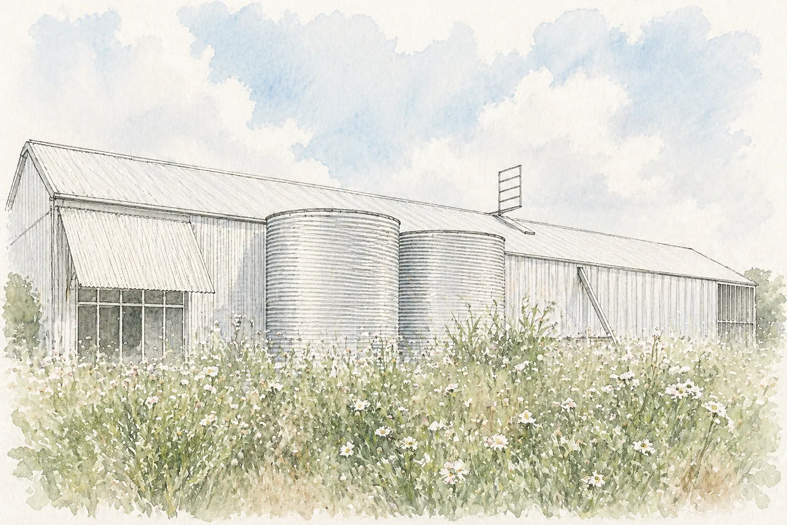 Watercolor illustration of Prospect House in Dripping Springs, Texas